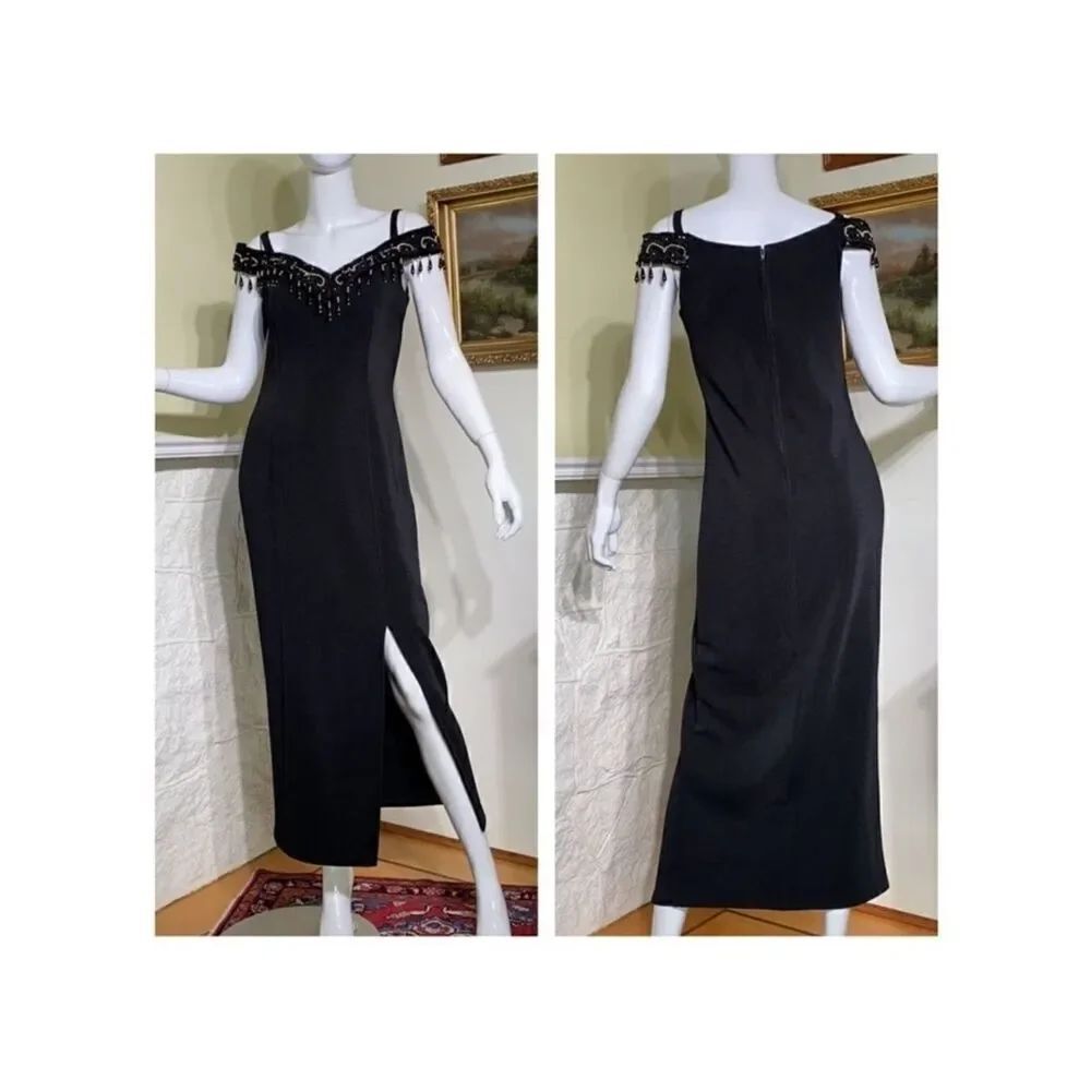 Vintage 90’s DOLLAR USA Black Evening Gown Jewelled Drop Shoulder Side Slit
